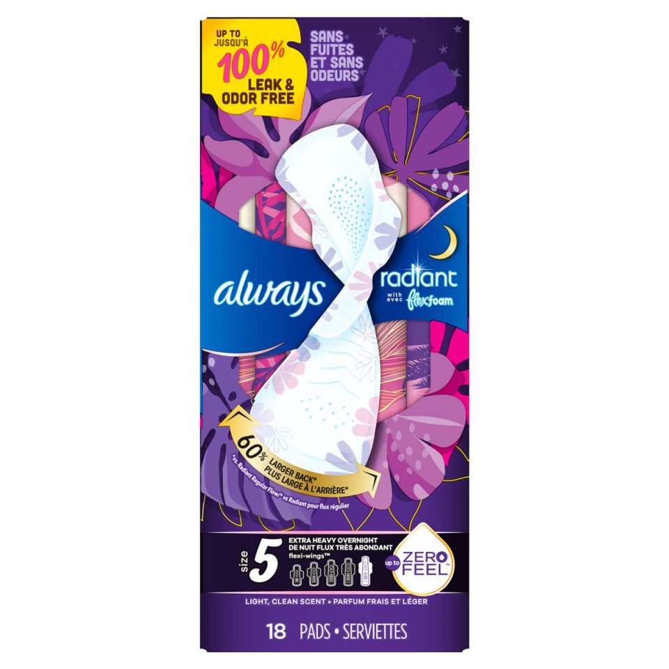 Always Radiant Size 5 Extra Heavy Overnight Pads, Light Clean Scent
